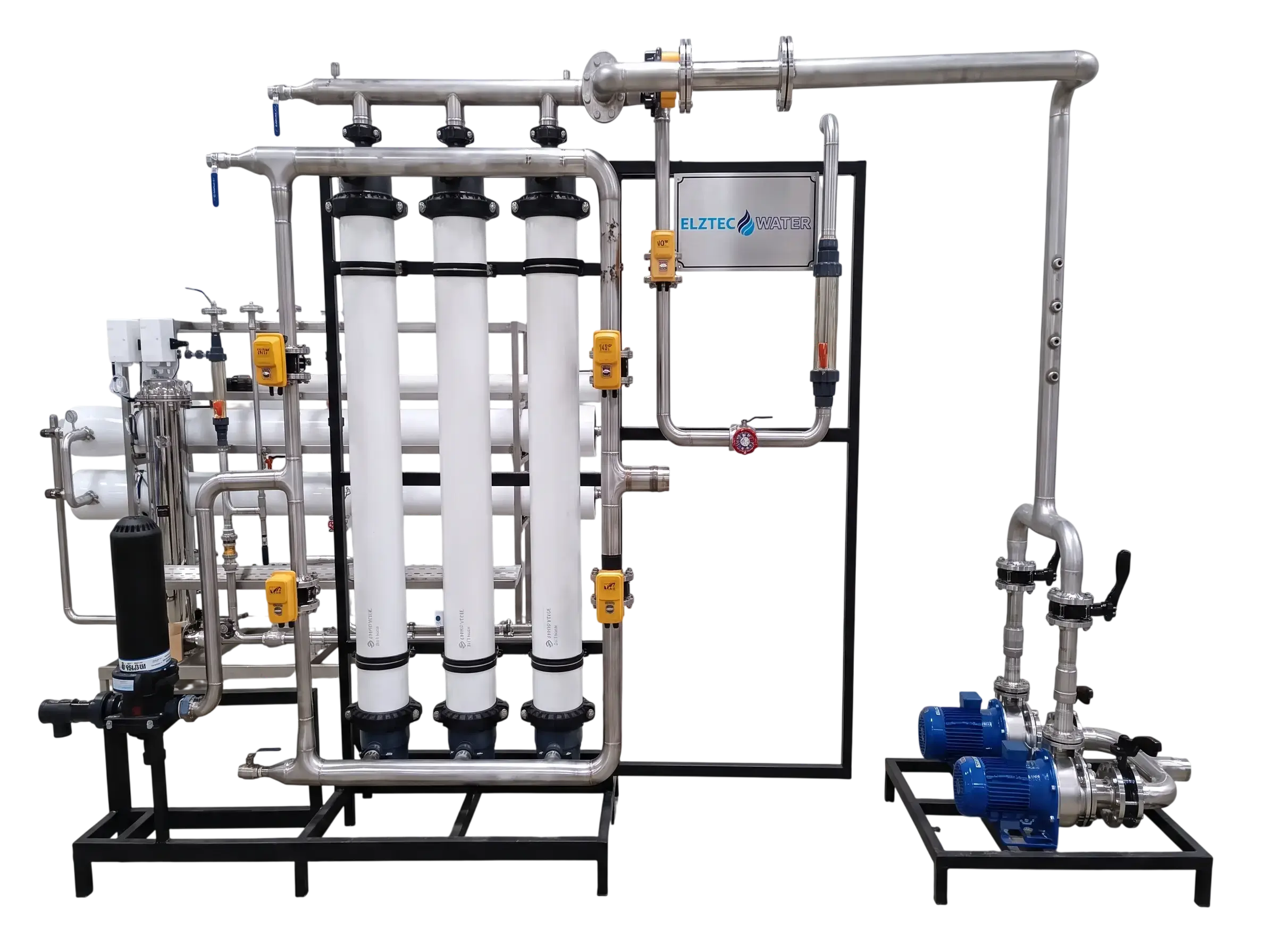 Elztec Water marka, paslanmaz çelik tesisatlı endüstriyel ultrafiltrasyon (UF) su arıtma sistemi.